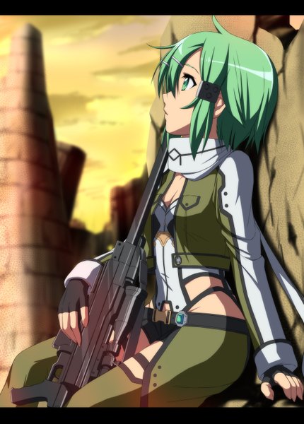 Anime picture 1010x1410 with sword art online a-1 pictures asada shino nori tamago single tall image short hair green eyes profile green hair letterboxed girl gloves weapon jacket shorts fingerless gloves gun sniper rifle
