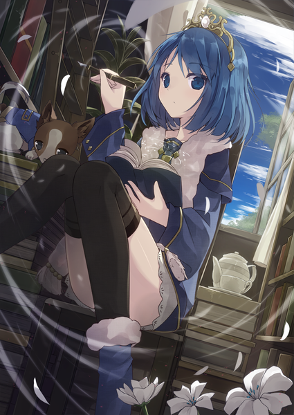 Anime picture 806x1138 with original nano mikusu chippu nagishiro mito single tall image looking at viewer short hair blue eyes light erotic blue hair sky cloud (clouds) indoors wind :o girl thighhighs flower (flowers) black thighhighs