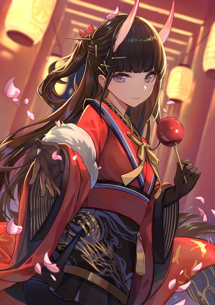 Anime picture 2892x4096 with azur lane noshiro (azur lane) noshiro (uncharted festival grounds?) (azur lane) nekojira single tall image looking at viewer blush fringe highres smile brown hair purple eyes holding outdoors blunt bangs very long hair traditional clothes japanese clothes horn (horns)