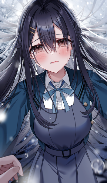Anime picture 2783x4724 with original kuro namako long hair tall image looking at viewer blush fringe highres open mouth black hair brown eyes from below tears solo focus crying pov girl bobby pin teardrop hand