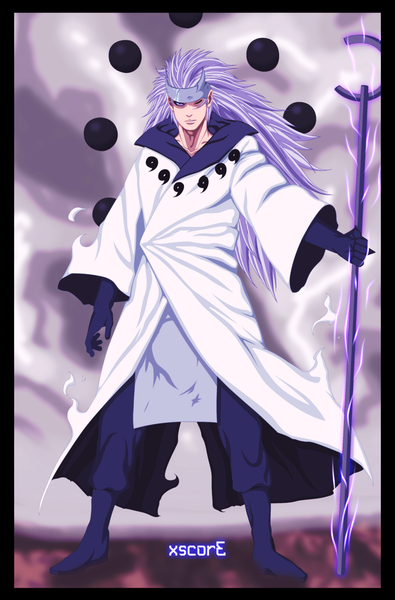 Anime picture 2239x3400 with naruto studio pierrot naruto (series) uchiha madara xscore single long hair tall image highres purple eyes purple hair coloring magic smoke rinnegan boy cloak staff