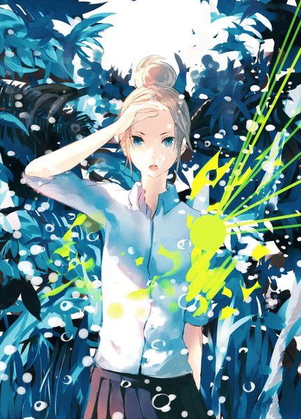 Anime picture 1000x1388 with original djyui single tall image looking at viewer short hair open mouth blue eyes blonde hair hair bun (hair buns) hand on head girl uniform plant (plants) school uniform bubble (bubbles)