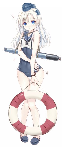 Anime picture 1200x2850 with kantai collection u-511 submarine arudehido single long hair tall image looking at viewer blush fringe open mouth blue eyes light erotic simple background standing white background white hair sweat embarrassed shiny skin covered navel
