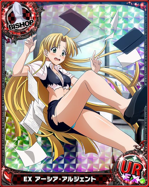 Anime picture 640x800 with highschool dxd asia argento single long hair tall image blush open mouth light erotic blonde hair green eyes pantyshot legs torn clothes card (medium) falling girl skirt underwear panties miniskirt