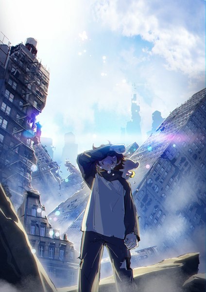 Anime picture 800x1131 with kekkai sensen studio bones leonardo watch sonic speed monkey yahako single tall image short hair open mouth brown hair standing sitting sky cloud (clouds) from behind sunlight tears torn clothes lens flare crying