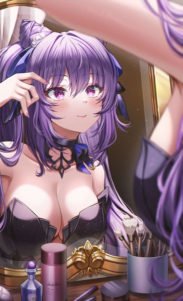 Anime picture 1200x1968 with genshin impact keqing (genshin impact) keqing (opulent splendor) (genshin impact) wol (wol 927) single long hair tall image blush fringe breasts light erotic smile hair between eyes large breasts purple eyes bare shoulders looking away cleavage purple hair upper body