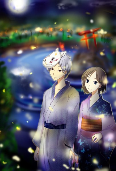 Anime picture 676x1000 with hotarubi no mori e gin (hotarubi no mori e) takegawa hotaru tagme (artist) tall image looking at viewer blush short hair blue eyes red eyes brown hair standing outdoors traditional clothes japanese clothes grey hair blurry wide sleeves couple animal print
