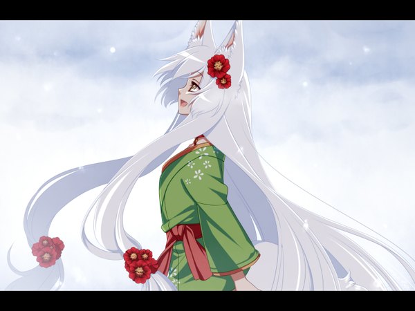 Anime picture 1440x1080 with original konshin single long hair open mouth animal ears yellow eyes white hair japanese clothes animal tail hair flower snowing letterboxed looking up winter snow girl hair ornament flower (flowers) kimono