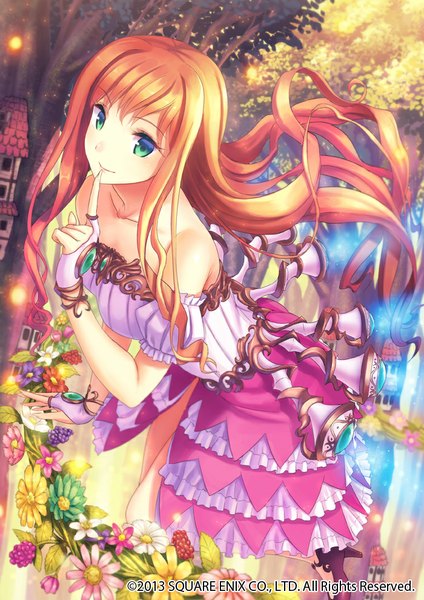 Anime picture 700x990 with galaxy dungeon square enix kichiroku single long hair tall image looking at viewer blush fringe standing bare shoulders green eyes bent knee (knees) outdoors head tilt wind orange hair inscription short sleeves high heels