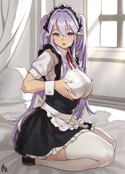 Anime picture 868x1200 with original houtengeki single long hair tall image looking at viewer fringe breasts open mouth light erotic hair between eyes large breasts purple eyes twintails purple hair pointy ears maid girl thighhighs dress