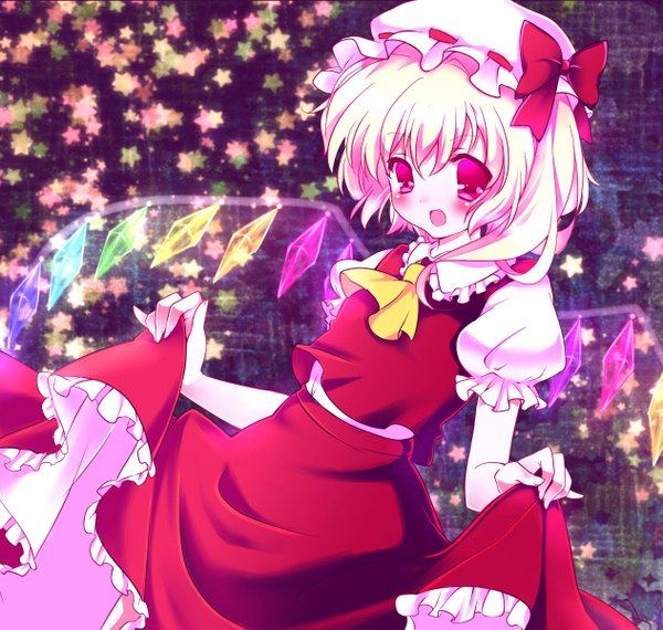 Anime picture 1263x1200 with touhou flandre scarlet fuuma (gjmwja) single blush short hair open mouth blonde hair red eyes looking away puffy sleeves one side up skirt hold girl dress skirt bow hat wings star (symbol)