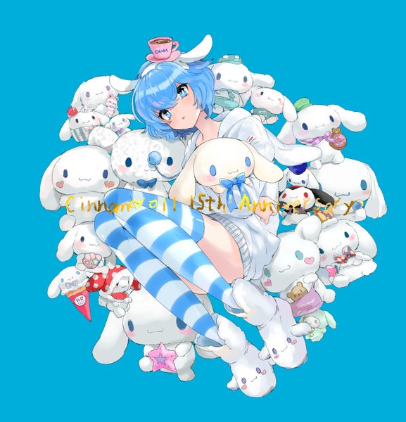 Anime picture 1300x1350 with sanrio cinnamoroll aano (10bit) single tall image fringe short hair blue eyes simple background hair between eyes animal ears blue hair full body fake animal ears blue background convenient leg anniversary girl thighhighs shoes
