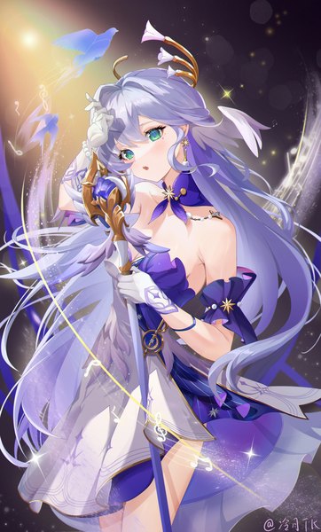 Anime picture 2900x4800 with honkai: star rail honkai (series) robin (honkai: star rail) lengyu tk single long hair tall image looking at viewer fringe highres breasts open mouth hair between eyes bare shoulders signed silver hair head tilt arm up aqua eyes :o
