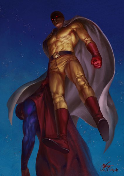 Аниме картинка 720x1018 с ванпанчмен superman madhouse dc comics saitama (one-punch man) superman (character) in-hyuk lee высокое изображение красные глаза держать ночь ночное небо смотрит вниз полёт лысый супергерой мужчина перчатки накидка плащ
