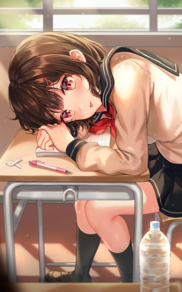 Anime picture 3781x6059 with original tokkyu single tall image looking at viewer blush fringe highres short hair red eyes brown hair sitting absurdres indoors long sleeves sunlight shadow :p classroom girl