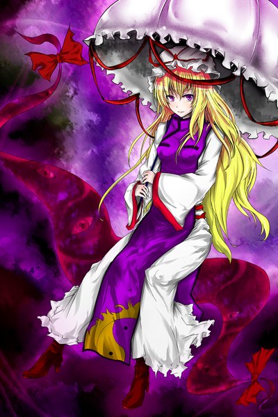 Anime picture 1800x2700 with touhou yakumo yukari acryl (artist) long hair tall image looking at viewer highres blonde hair smile purple eyes eyes girl dress umbrella bonnet