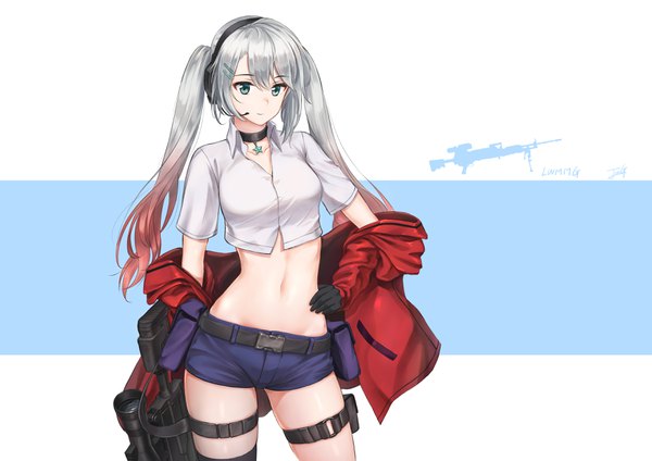 Anime picture 3508x2480 with girls frontline lwmmg (girls frontline) baek hyang single long hair looking at viewer fringe highres breasts simple background hair between eyes standing twintails holding payot absurdres silver hair red hair multicolored hair aqua eyes
