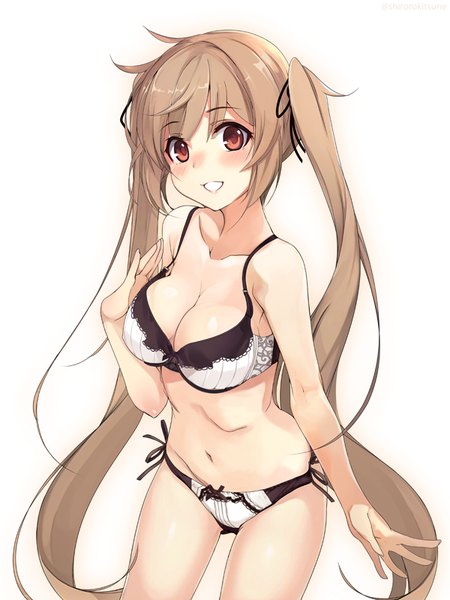 Anime picture 600x800 with kantai collection murasame destroyer shirokitsune single long hair tall image looking at viewer blush fringe open mouth light erotic simple background brown hair standing white background twintails bare shoulders brown eyes payot ahoge