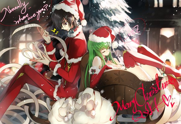 Anime picture 1200x826 with code geass sunrise (studio) c.c. lelouch lamperouge creayus long hair fringe short hair black hair purple eyes profile green hair inscription fur trim crossed legs text christmas sleeping merry christmas question