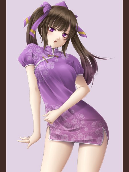 Anime picture 900x1200 with touhou himekaidou hatate mochi.f single long hair tall image open mouth simple background brown hair purple eyes twintails legs chinese clothes pillarboxed girl bow hair bow chinese dress