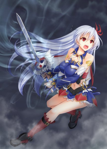 Anime picture 1400x1946 with madan no ou to vanadis eleonora viltaria youshuu single long hair tall image looking at viewer light erotic red eyes bare shoulders white hair girl skirt navel hair ornament weapon detached sleeves sword shoes