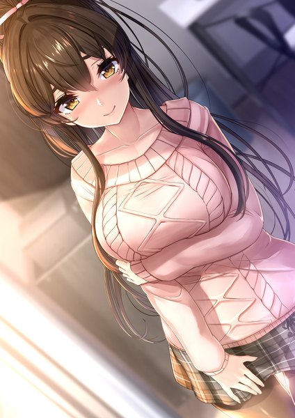 Anime picture 2893x4092 with ninnindays sumire (ninnindays) akasaai single long hair tall image looking at viewer blush fringe highres breasts smile hair between eyes brown hair large breasts standing yellow eyes ponytail indoors blurry