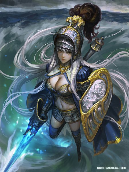 Anime picture 753x1003 with original xiaji single long hair tall image breasts light erotic brown eyes white hair flying warrior girl weapon water armor helmet spear shield