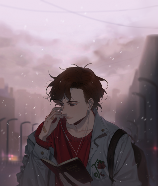 Anime picture 1620x1914 with original e7 (runaway162) single tall image fringe short hair brown hair holding brown eyes looking away sky cloud (clouds) upper body outdoors blurry off shoulder mole open jacket depth of field mole under eye