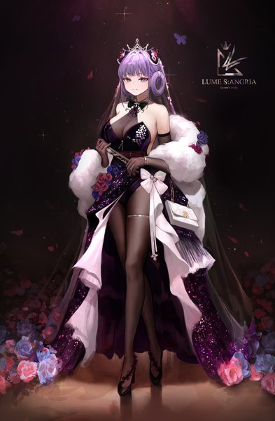 Anime picture 4000x6110 with original lume sangria (chrysa) chrysa ( sa0ru) single tall image looking at viewer fringe highres short hair breasts light erotic simple background large breasts standing bare shoulders holding absurdres purple hair full body blunt bangs