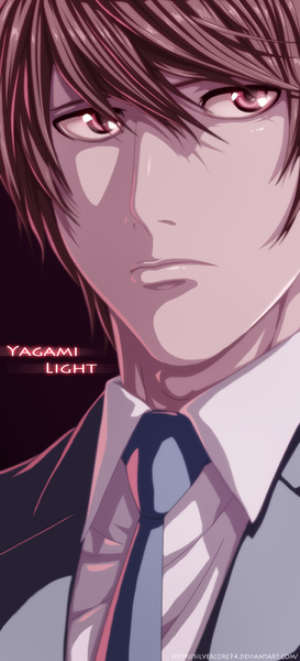 Anime picture 466x1024 with death note madhouse yagami light silvercore94 single tall image short hair simple background brown hair pink eyes inscription coloring close-up boy necktie suit