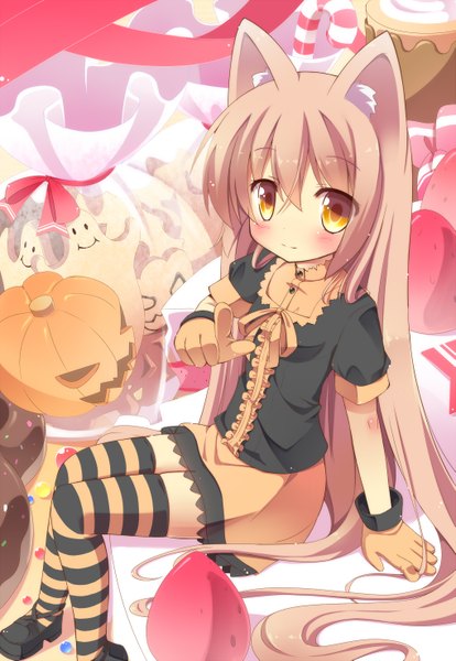 Anime picture 1017x1473 with original masaki (machisora) single long hair tall image blush brown hair animal ears yellow eyes cat ears girl thighhighs dress gloves food sweets striped thighhighs berry (berries) cake vegetables