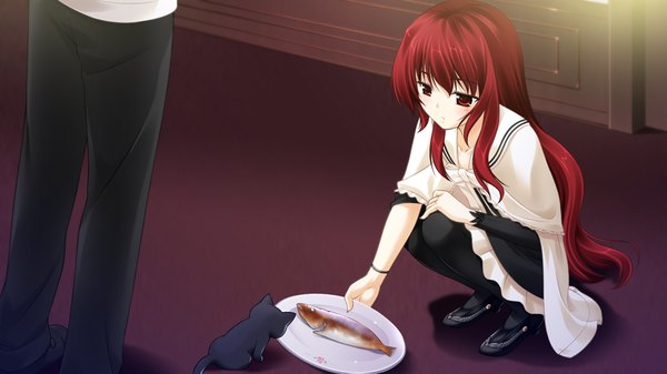Anime picture 1024x576 with jesus 13th long hair red eyes wide image game cg red hair girl boy uniform school uniform cat fish (fishes)
