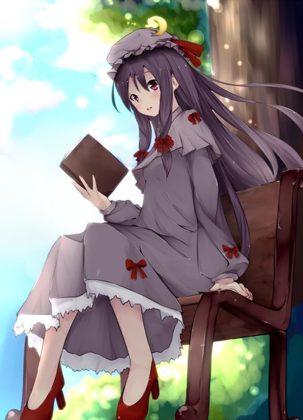 Anime picture 1250x1725 with touhou patchouli knowledge amatsuki hotaru single long hair tall image blush black hair red eyes sitting girl dress bow shoes book (books) bonnet