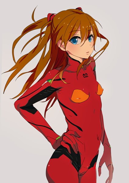 Anime picture 744x1052 with neon genesis evangelion gainax soryu asuka langley mebae single long hair tall image looking at viewer blush breasts blue eyes light erotic simple background brown hair grey background erect nipples hand on hip covered nipples flat chest cameltoe