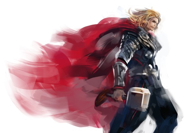 Anime picture 1448x1024 with thor marvel comics thor (character) pump single short hair blonde hair white background boy armor cloak beard hammer