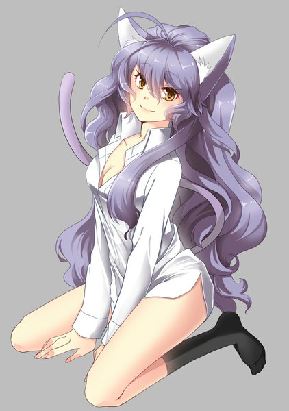 Anime picture 704x1000 with original hiiro (kikokico) single long hair tall image looking at viewer light erotic simple background brown eyes animal ears tail animal tail grey hair cat ears grey background cat girl cat tail girl shirt socks