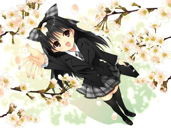 Anime picture 1063x797 with kobayashi chisato single long hair open mouth black hair brown eyes arms up cherry blossoms girl thighhighs skirt uniform bow black thighhighs hair bow school uniform miniskirt