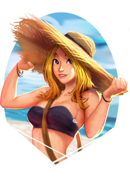 Anime picture 1024x1401 with league of legends lux (league of legends) carlos eduardo single long hair tall image looking at viewer breasts blue eyes light erotic blonde hair upper body light smile eyebrows girl hat bikini top straw hat