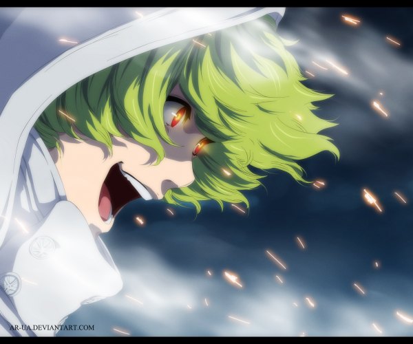 Anime picture 1200x1000 with bleach studio pierrot gremmy thoumeaux ar-ua single short hair open mouth smile green hair orange eyes coloring close-up smoke boy hood