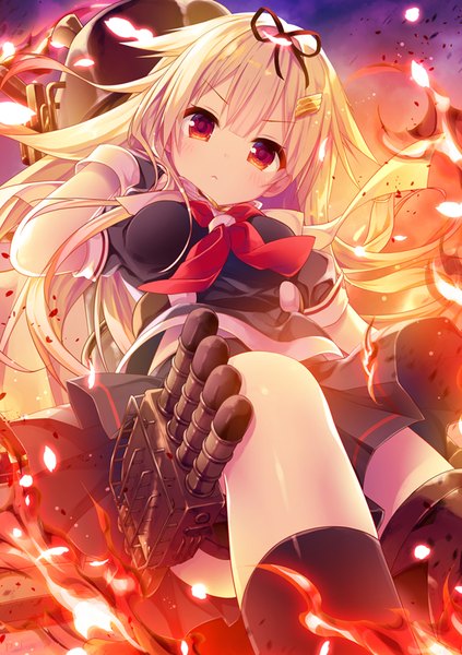 Anime picture 821x1164 with kantai collection yuudachi destroyer konomi (kino konomi) single long hair tall image looking at viewer blush blonde hair red eyes sky bent knee (knees) pleated skirt from below remodel (kantai collection) girl skirt hair ornament ribbon (ribbons) hair ribbon