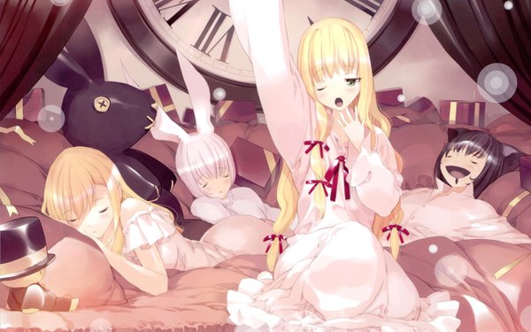 Anime picture 2560x1600 with alice in wonderland alice (wonderland) white rabbit cheshire cat queen of hearts long hair blush highres open mouth black hair blonde hair wide image multiple girls animal ears eyes closed one eye closed wink bunny ears sleeping girl