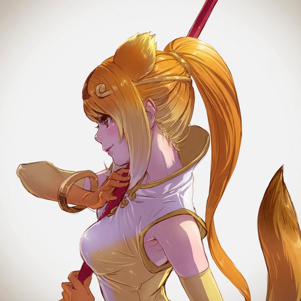 Anime-Bild 1920x1920 mit kemono friends golden snub-nosed monkey (kemono friends) takami masahiro single long hair blush highres simple background red eyes animal ears upper body ponytail tail animal tail profile orange hair monkey tail monkey ears girl gloves