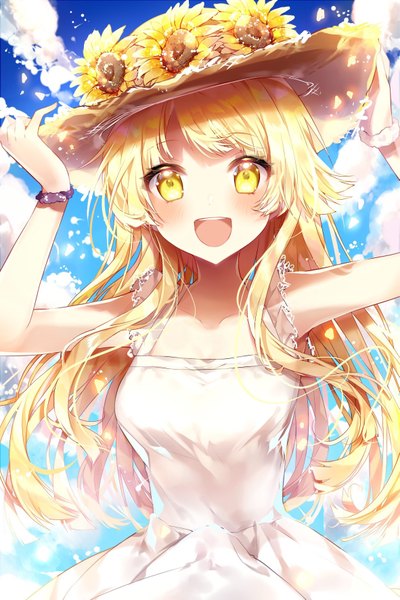 Anime picture 1181x1771 with bang dream! tsurumaki kokoro taya oco single long hair tall image looking at viewer blush fringe open mouth blonde hair standing bare shoulders yellow eyes payot sky cloud (clouds) outdoors :d wind