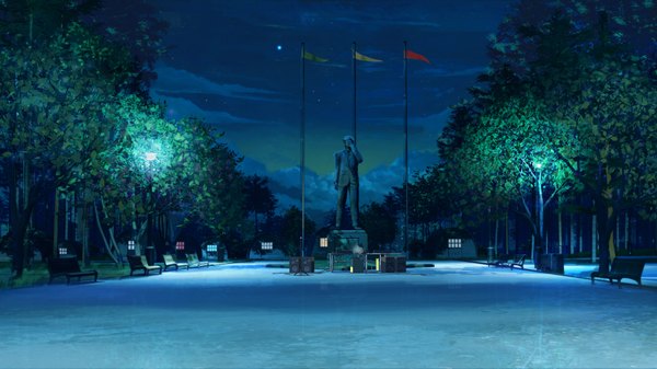 Anime picture 1920x1080 with everlasting summer iichan eroge ikari gendou arsenixc vvcephei highres wide image game cg night wallpaper no people scenic collaboration building (buildings) star (stars) chair table lamp bench statue