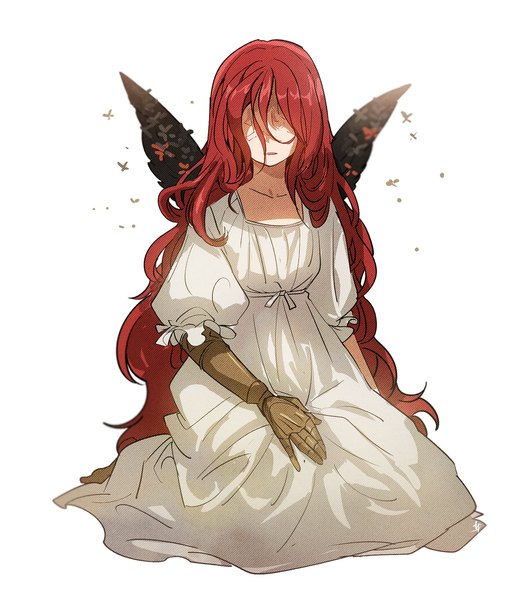 Anime picture 1748x1976 with elden ring malenia blade of miquella timnehparrot single long hair tall image highres simple background white background sitting red hair short sleeves black wings no eyes girl dress wings white dress prosthesis