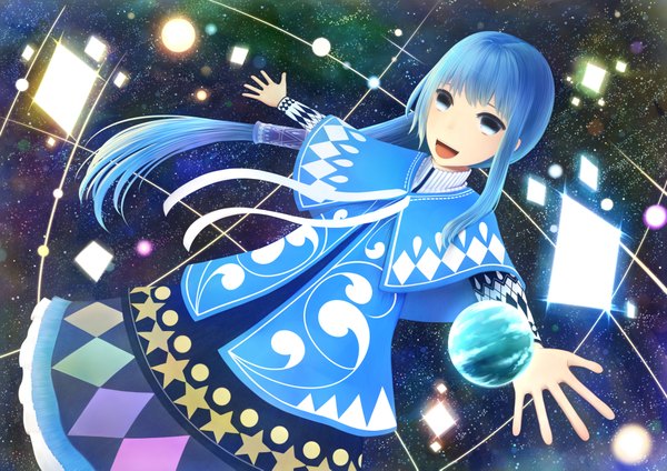 Anime picture 4092x2893 with original bounin single long hair looking at viewer highres open mouth blue eyes smile blue hair absurdres :d low ponytail space girl star (stars) planet