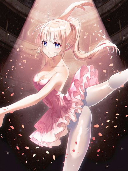 Anime picture 3000x4000 with original foka (beginner) single long hair tall image looking at viewer blush fringe highres breasts blue eyes light erotic blonde hair smile cleavage ahoge ponytail blunt bangs arm up sparkle