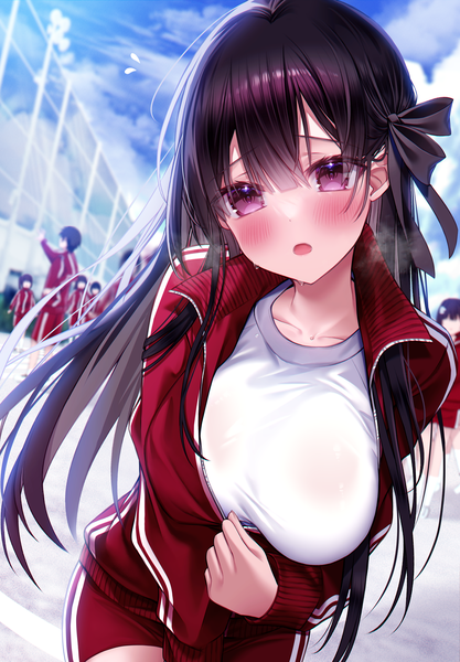 Anime picture 3086x4437 with original kuro namako single long hair tall image looking at viewer blush fringe highres breasts open mouth light erotic black hair large breasts brown eyes absurdres sky cloud (clouds) long sleeves head tilt