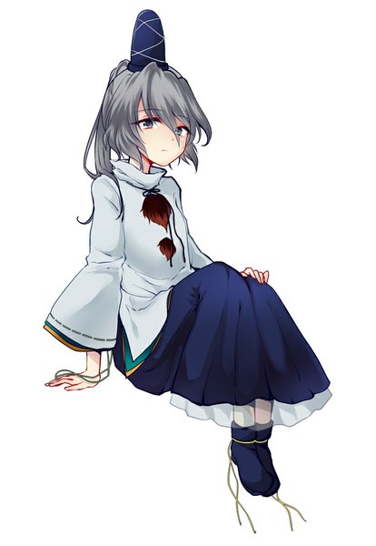 Anime picture 700x1013 with touhou mononobe no futo uranaishi (miraura) single long hair tall image looking at viewer simple background white background sitting ponytail grey hair grey eyes girl hat