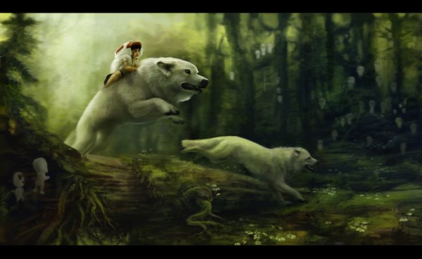 Anime picture 1200x737 with mononoke hime studio ghibli san kodama (mononoke hime) noukah black hair wide image facial mark jumping ghost face paint running girl plant (plants) animal tree (trees) forest wolf